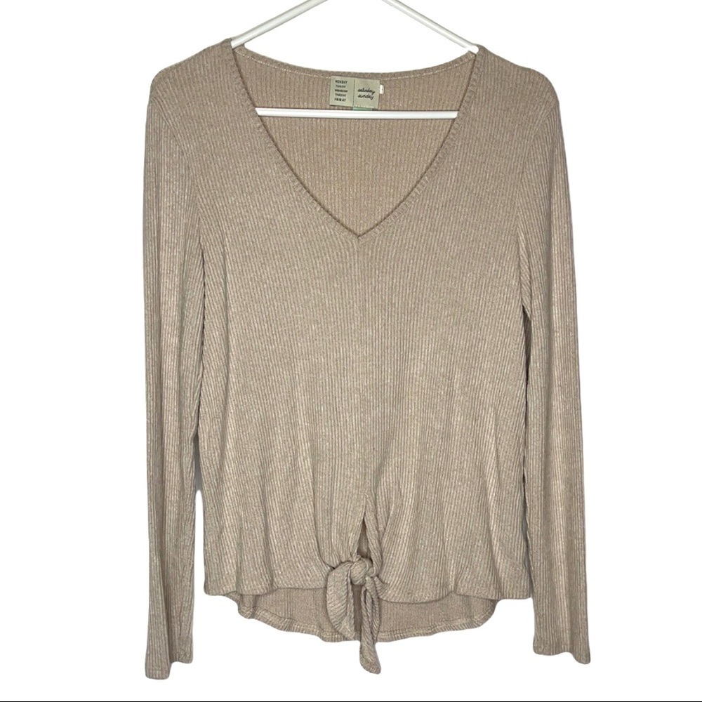 Anthropologie Saturday Sunday Tan Ribbed V Neck Front Knot Long Sleeve Top